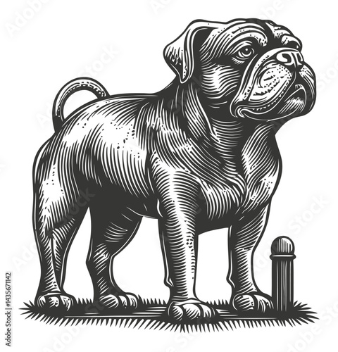 Vintage Woodcut Illustration of a Standing Dog in Classic Style