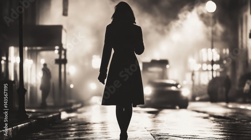 Silhouette of woman walking alone at night in a city street.