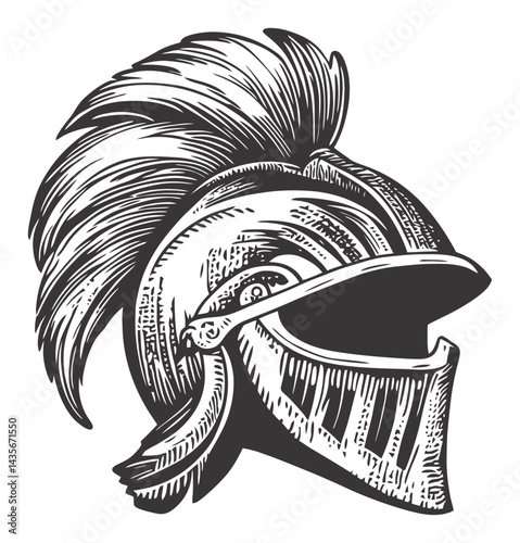 Vintage Woodcut Style Knight Helmet Illustration in Black and White