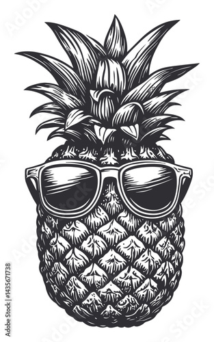Vintage Illustration of Pineapple with Sunglasses in Woodcut Style