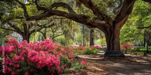 Vibrant Spring Azaleas in Full Bloom at the Historic Forsyth Park, Savannah, Georgia - A Garden of Nature's Beauty