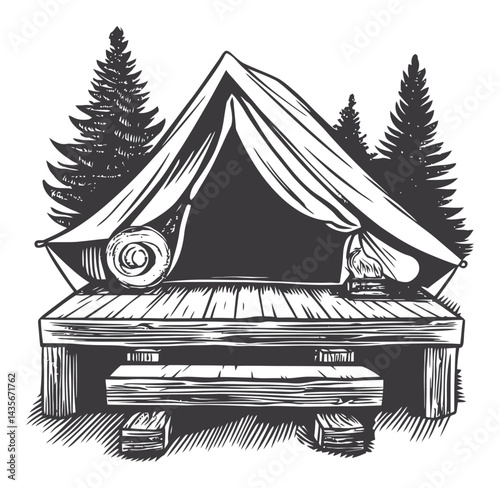 Vintage Woodcut Style Tent Illustration Surrounded by Pine Trees