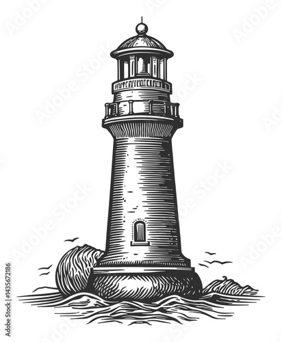 Vintage Woodcut Illustration of a Lighthouse in Black and White