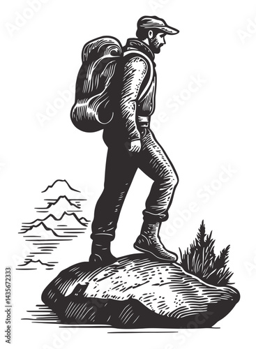 Vintage Woodcut Style Illustration of a Hiker on a Rock