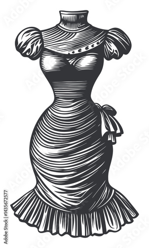 Vintage Woodcut Illustration of Elegant Dress in Classic Style