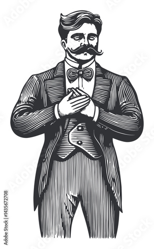 Vintage Woodcut Illustration of Man in Formal Attire with Mustache