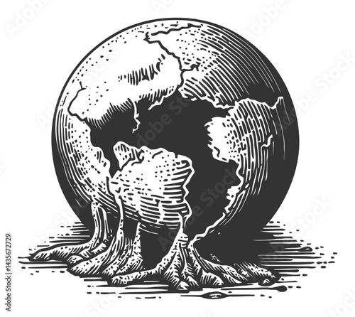 Vintage Woodcut Style Illustration of Earth with Roots Detail