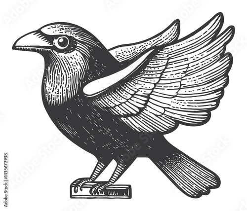 Vintage Woodcut Illustration of a Bird with Detailed Wing Design
