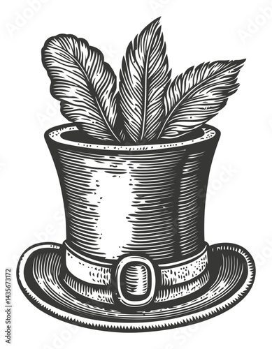 Vintage Woodcut Illustration of Hat with Feathers in Classic Style