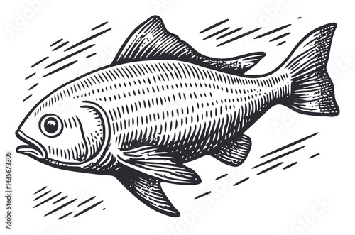 Vintage Woodcut Style Illustration of a Swimming Fish Design