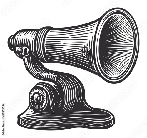Vintage Woodcut Illustration of a Horn Gramophone in Black and White