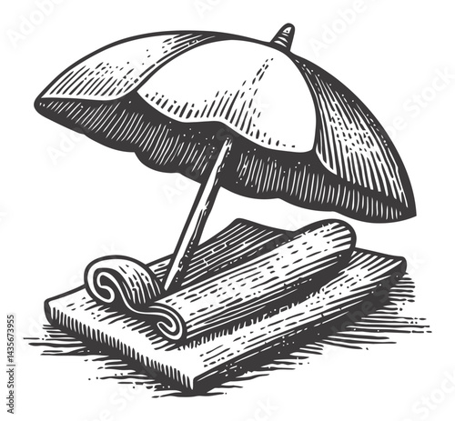 Vintage Illustration of Beach Umbrella and Towel in Woodcut Style
