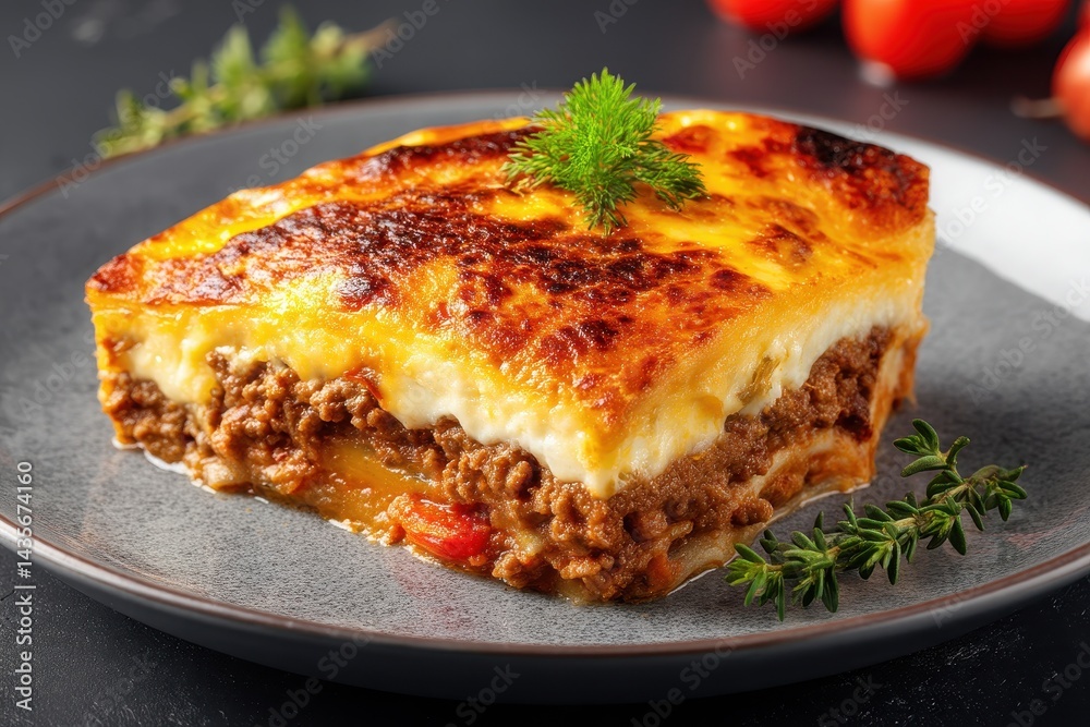 Delicious Slice of Moussaka: Traditional Greek Casserole with Layers of Meat, Potatoes, and Creamy Cheese on a Dark Plate Delicious Slice of Moussaka: Traditional Greek Casserole with Layers of Meat, Potatoes, and Creamy Cheese on a Dark Plate