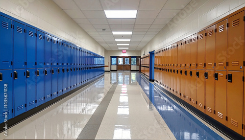 An empty long and clean school corridor during school break