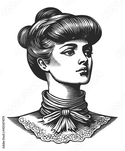 Vintage Woodcut Style Portrait of Elegant Young Woman with Updo