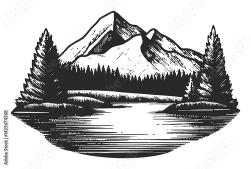 Vintage Woodcut Style Mountain and Lake Illustration for Nature Art