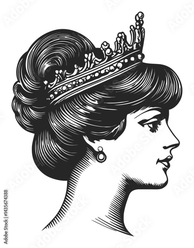 Vintage Woodcut Style Illustration of a Queen Profile with Crown