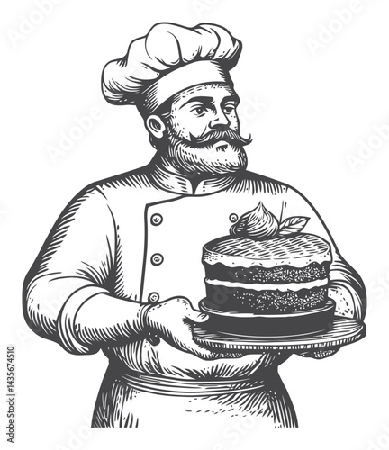 Vintage Woodcut Style Chef Holding a Cake Illustration
