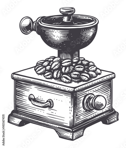 Vintage Woodcut Style Coffee Grinder Illustration for Home Decor
