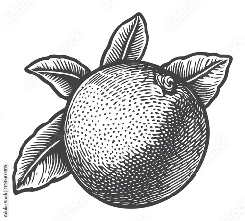 Vintage Woodcut Illustration of an Orange with Leaves Detail