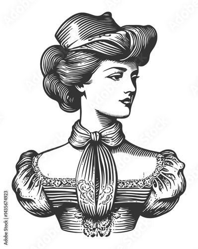Vintage Woodcut Illustration of Elegant Woman in Classic Fashion
