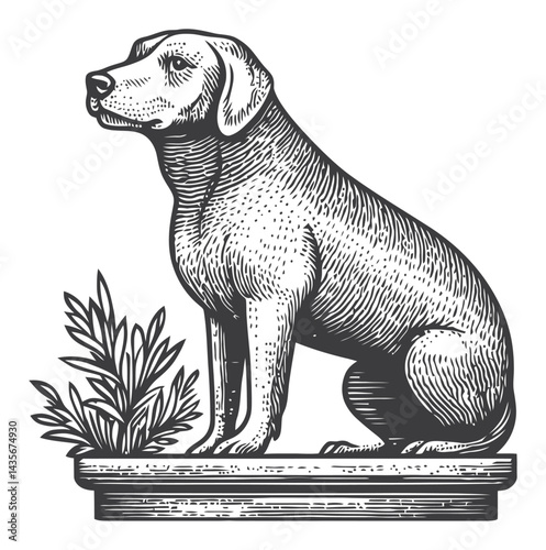 Vintage Woodcut Illustration of a Dog Sitting with Plants