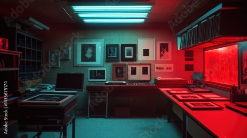 Darkroom with red and teal lighting, showcasing photography prints and equipment.