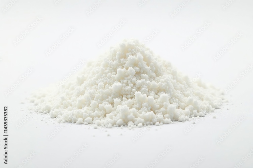 Pile of white granulated sugar on white background, ingredient, powdered sugar Pile of white granulated sugar on white background, ingredient, powdered sugar