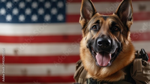 A proud German Shepherd in tactical gear poses in front of a United States flag, symbolizing loyalty and service. This image captures the spirit of heroism and dedication.