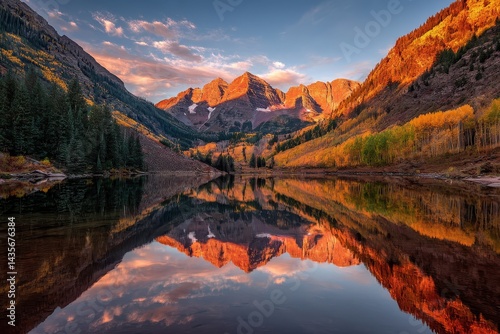 Serene Sunrise Over Maroon Bells Lake: A Tranquil Colorado Landscape Surrounded by Majestic Mountains and Aspen Trees