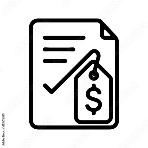 Black and white icon of document with price tag and dollar sign symbolizing invoice, billing, or pricing information, Terms of sale