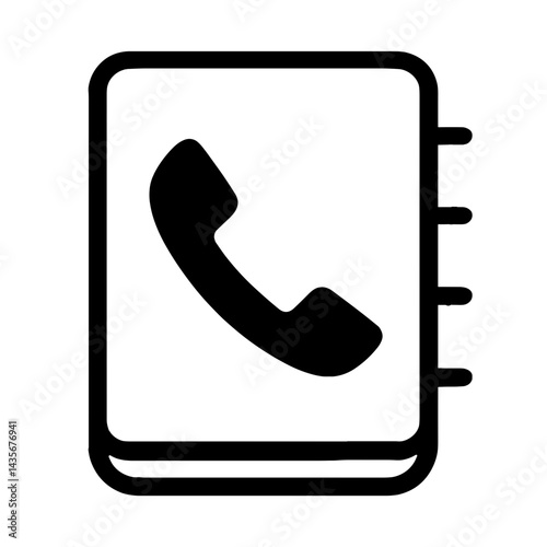 Black and white icon of phone book or contact directory with telephone handset symbol, contacts