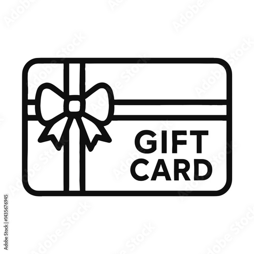 Black and white icon of gift card with ribbon and bow symbolizing present, voucher, or shopping reward

