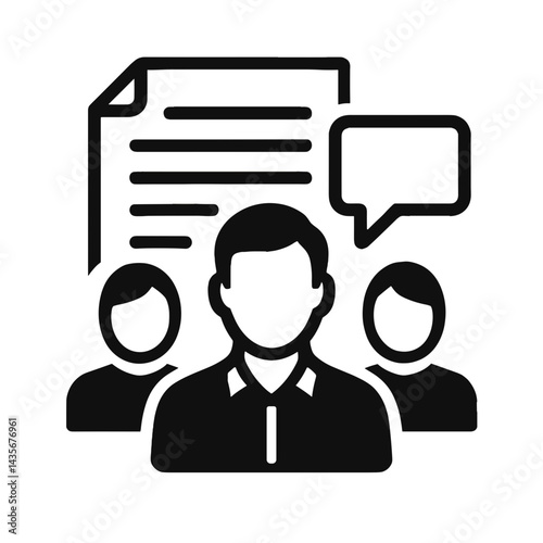Black and white icon of group discussion with document and speech bubble representing communication and teamwork, Editorial committee