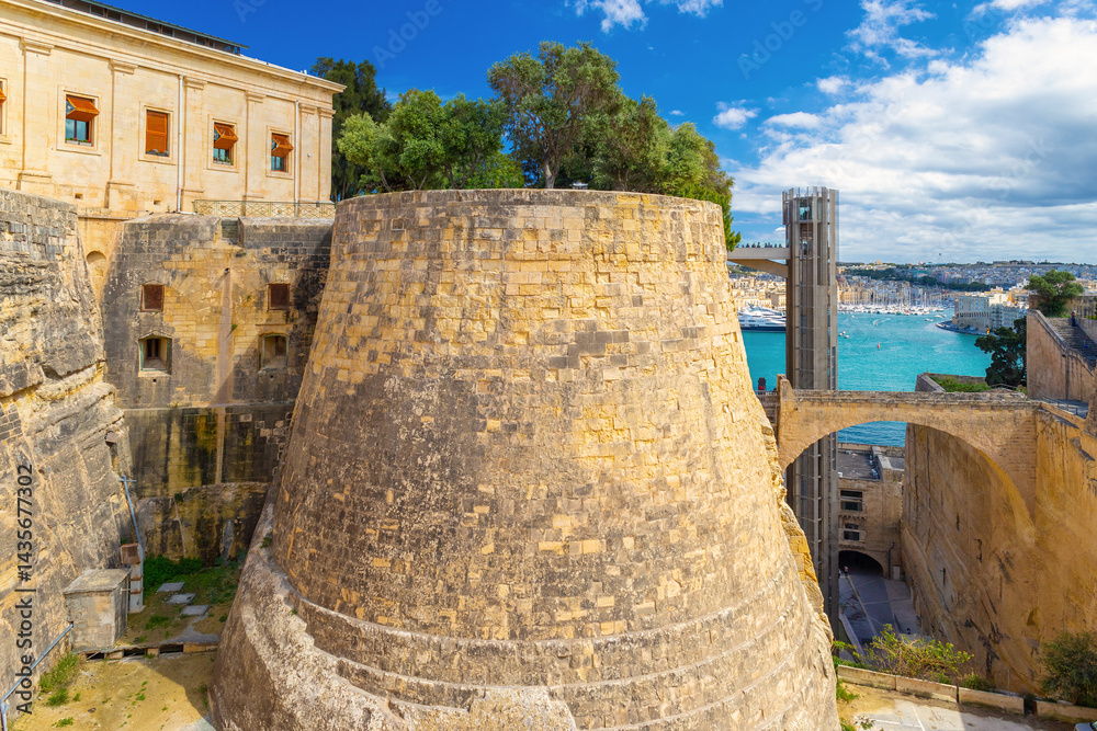 Fortified walls of Valletta and the upper Barrakka lift, Malta