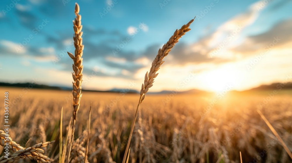 Fototapeta premium A stunning view of golden wheat swaying gently in the wind under a colorful sunset, capturing the essence of nature's beauty and agricultural richness in full bloom.