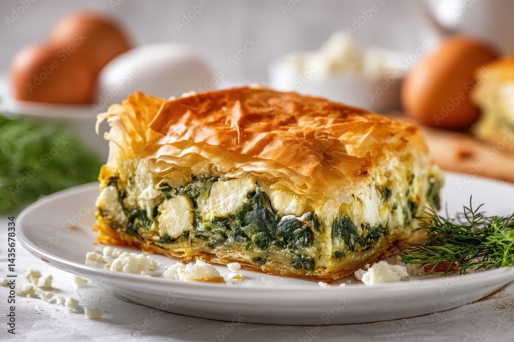 Savory Spanakopita: Crispy Layers of Dough with Spinach and Feta on a White Plate Savory Spanakopita: Crispy Layers of Dough with Spinach and Feta on a White Plate