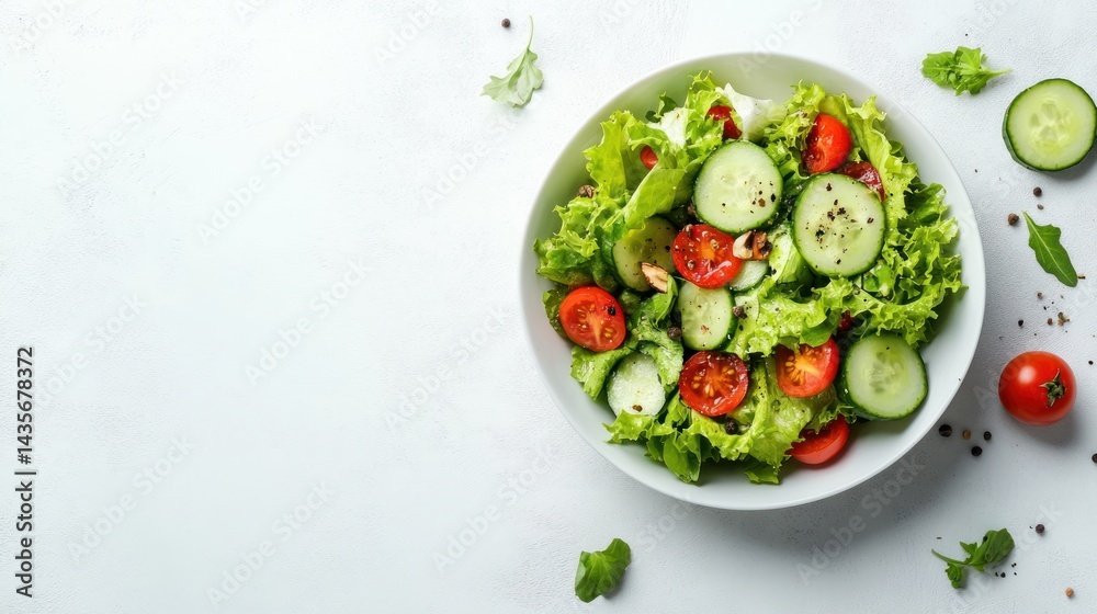 Fresh green salad with tomatoes and cucumbers in a white bowl on a white background. Fresh green salad with tomatoes and cucumbers in a white bowl on a white background.