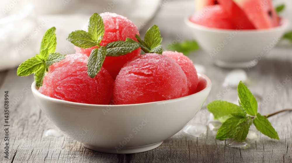 Refreshing Watermelon Sorbet Garnished with Mint in a White Bowl - Closeup of Pink Ice Cream Delight Refreshing Watermelon Sorbet Garnished with Mint in a White Bowl - Closeup of Pink Ice Cream Delight