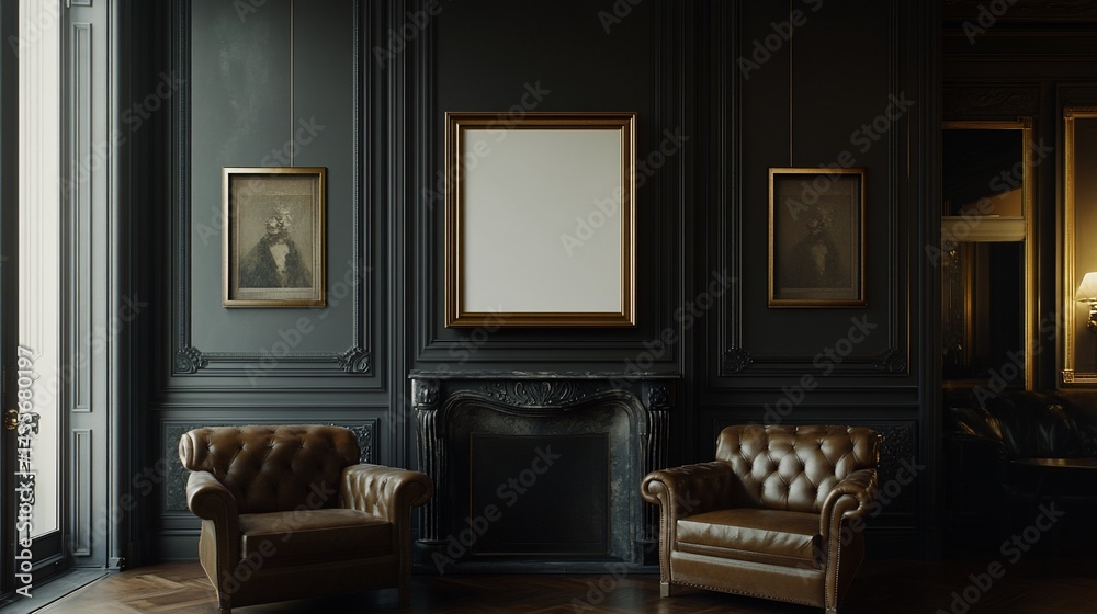 custom made wallpaper toronto digitalEmpty frame in elegant dark-toned room with fireplace and armchairs
