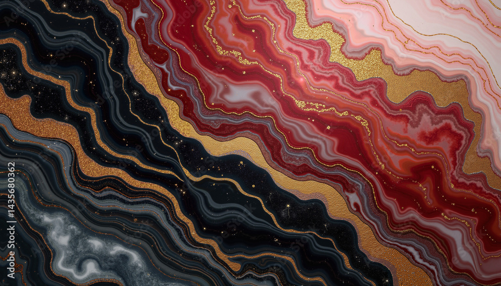 Obraz premium Abstract fluid art with red, black, and gold swirling patterns 