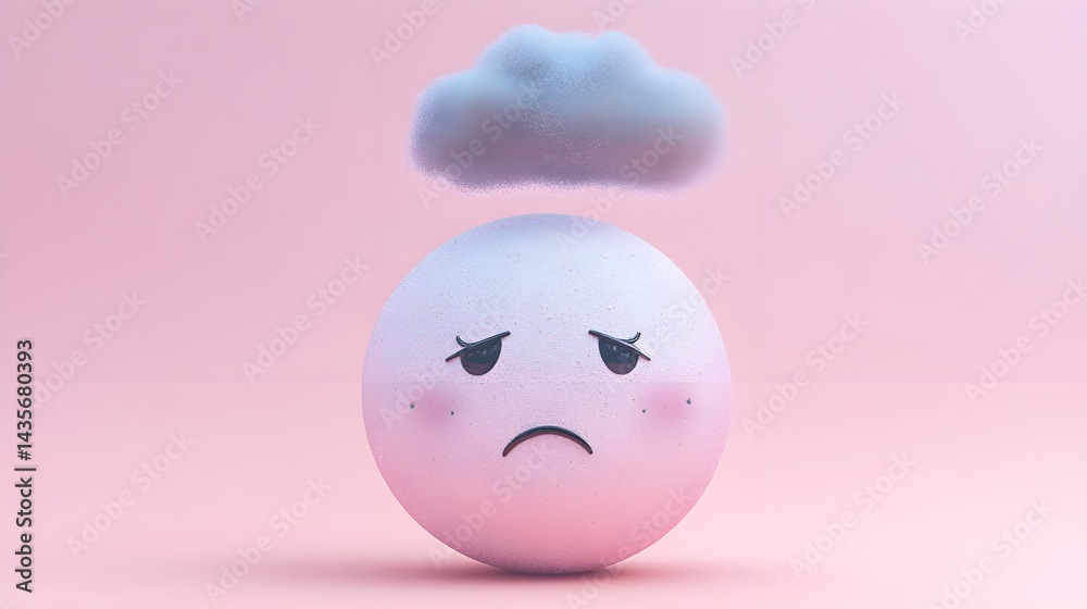 Fototapeta premium A sad, pastel-colored sphere with a grey cloud above, symbolizing depression or sadness