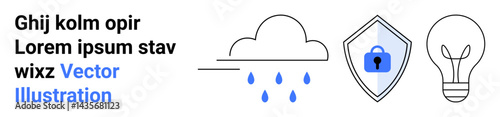 Cloud raining droplets beside secure shield with lock and glowing light bulb. Ideal for technology, data protection, innovation, cloud computing, creativity, inspiration, and web design. Flat landing
