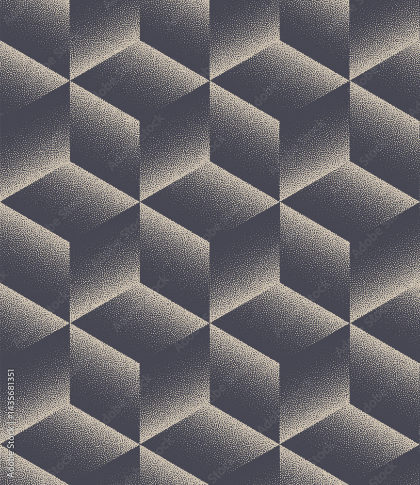Modern abstract vector cube pattern in halftone dotwork technique. Shaded 3D illusion with geometric balance and block structure. Stylish graphic design for digital and print. Endless art illustration