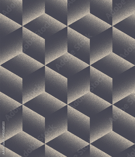 Modern abstract vector cube pattern in halftone dotwork technique. Shaded 3D illusion with geometric balance and block structure. Stylish graphic design for digital and print. Endless art illustration