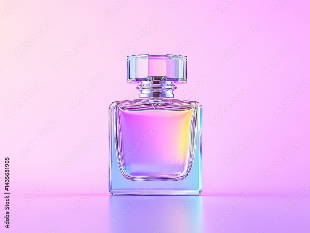 Iridescent perfume bottle on vibrant background. Glass container reflects light beautifully Iridescent perfume bottle on vibrant background. Glass container reflects light beautifully