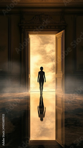 Silhouette walks toward open door, ethereal light.