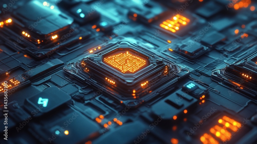 Fototapeta premium Futuristic digital blue canvas with interconnected circuitry and gentle luminous hexagons 