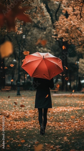 Solitary figure, red umbrella, autumn leaves, rain.
