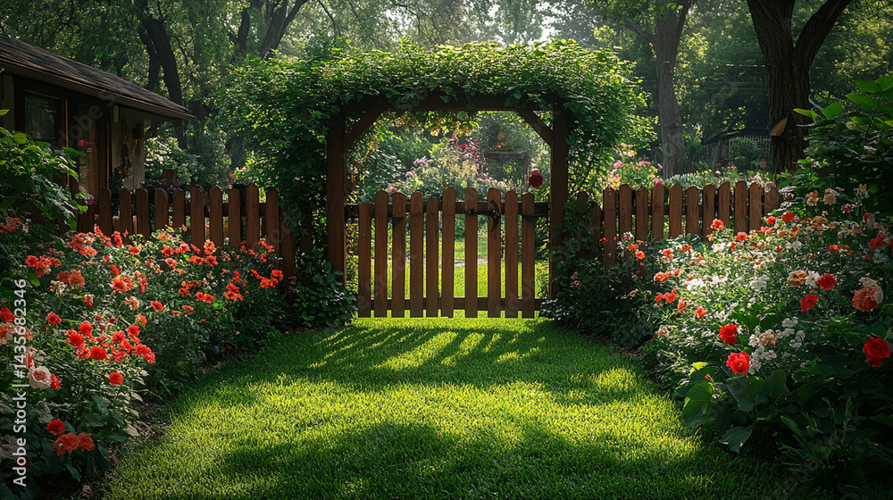 Obraz premium Lush garden with wooden archway and gate, vibrant flowers, and green lawn.